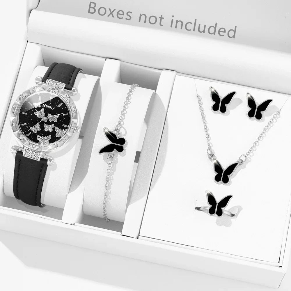 Women Watch Ring Necklace Earrings Bracelet Set Watches Butterfly Leather Strap Ladies Quartz Wristwatch (No Box)