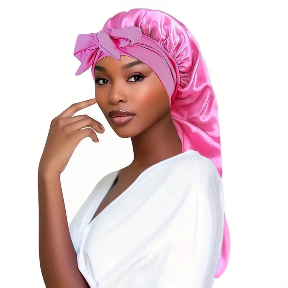 Bowknot Braid Bonnet, Unscented Satin Sleep Cap with Elastic Band and Long Tie for Women - Breathable Night Hair Bonnet