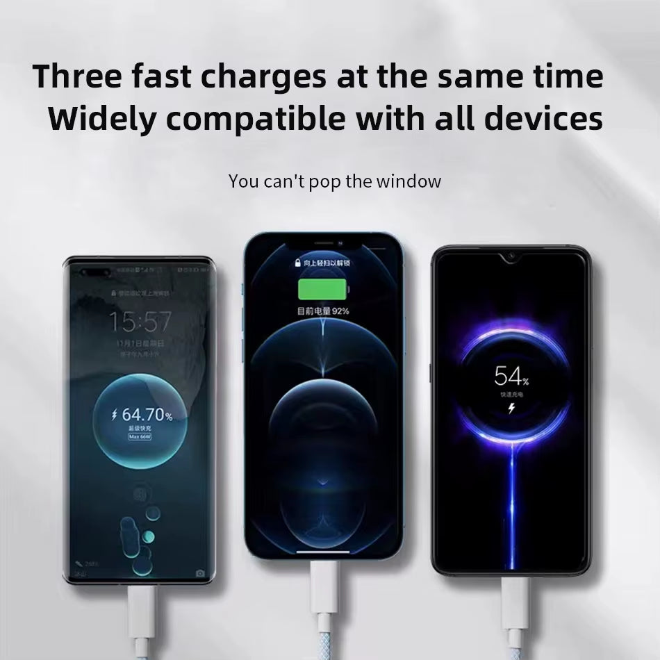 1.2M/2M/3M 66W 3 in 1 Fast Charging Cable 2 in 1 USB Type C Cable 6A Data Fast Charger Cable for Huawei Xiaomi Samsung