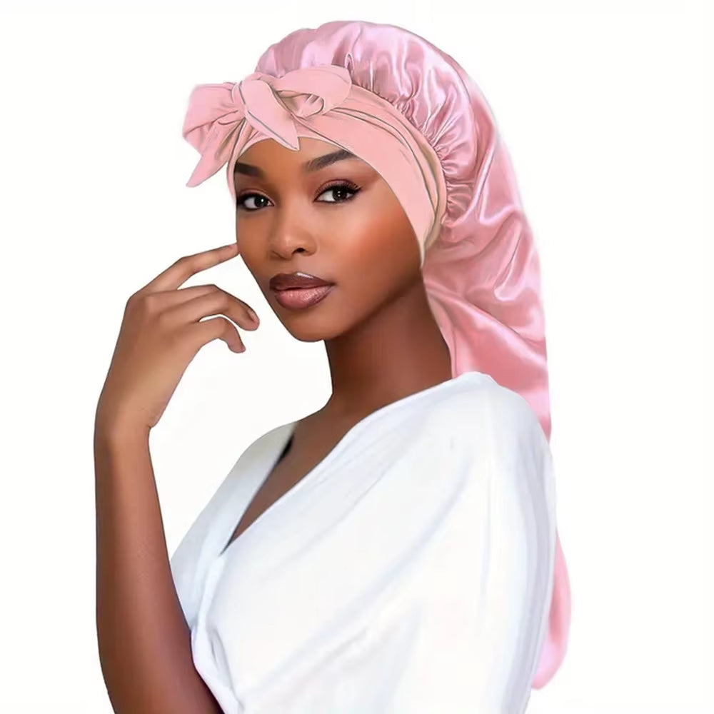 Bowknot Braid Bonnet, Unscented Satin Sleep Cap with Elastic Band and Long Tie for Women - Breathable Night Hair Bonnet