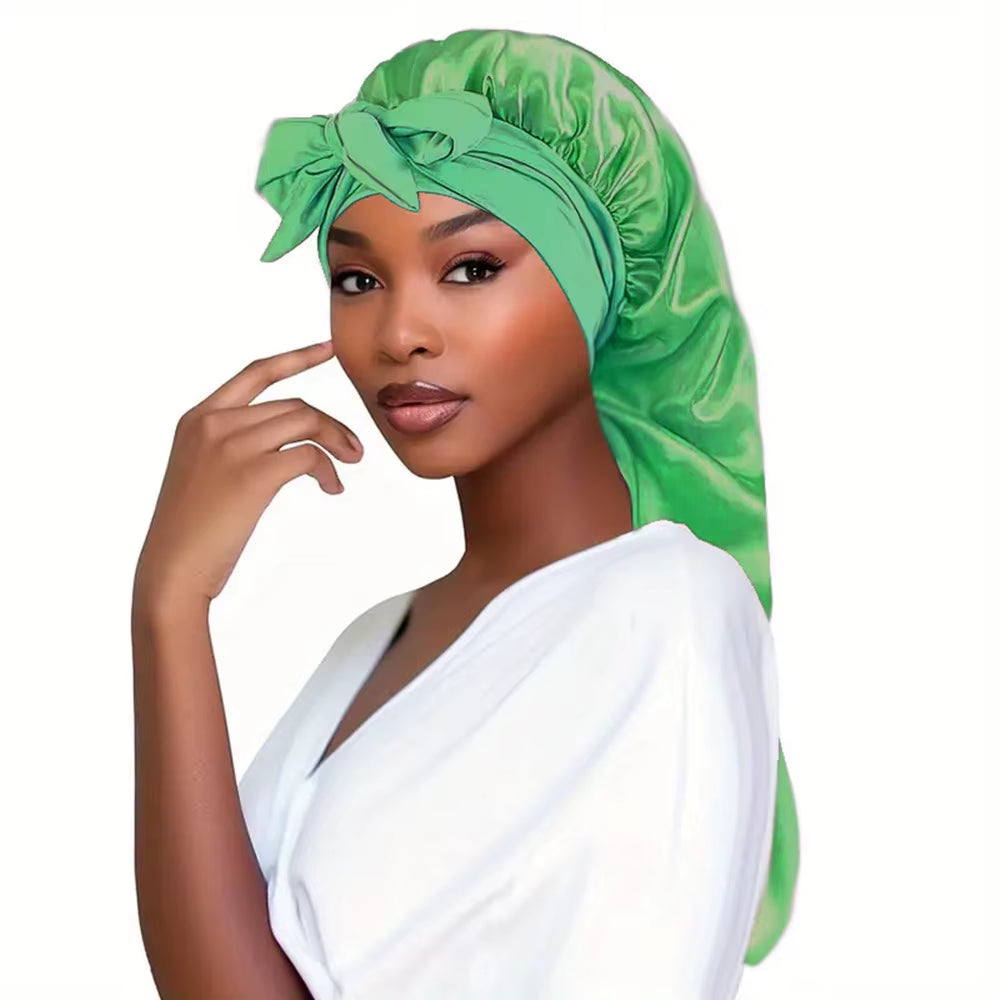 Bowknot Braid Bonnet, Unscented Satin Sleep Cap with Elastic Band and Long Tie for Women - Breathable Night Hair Bonnet