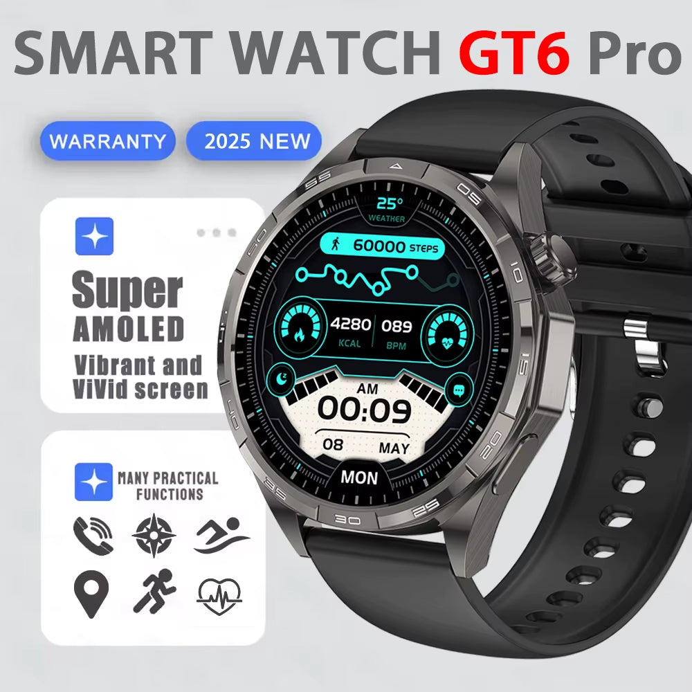 Smart Watch GT6 Pro (2025) 1.50-Inch HD AMOLED GPS Message Reminder Bluetooth Call Heart Rate 4GB Smartwatch Reduction 100%