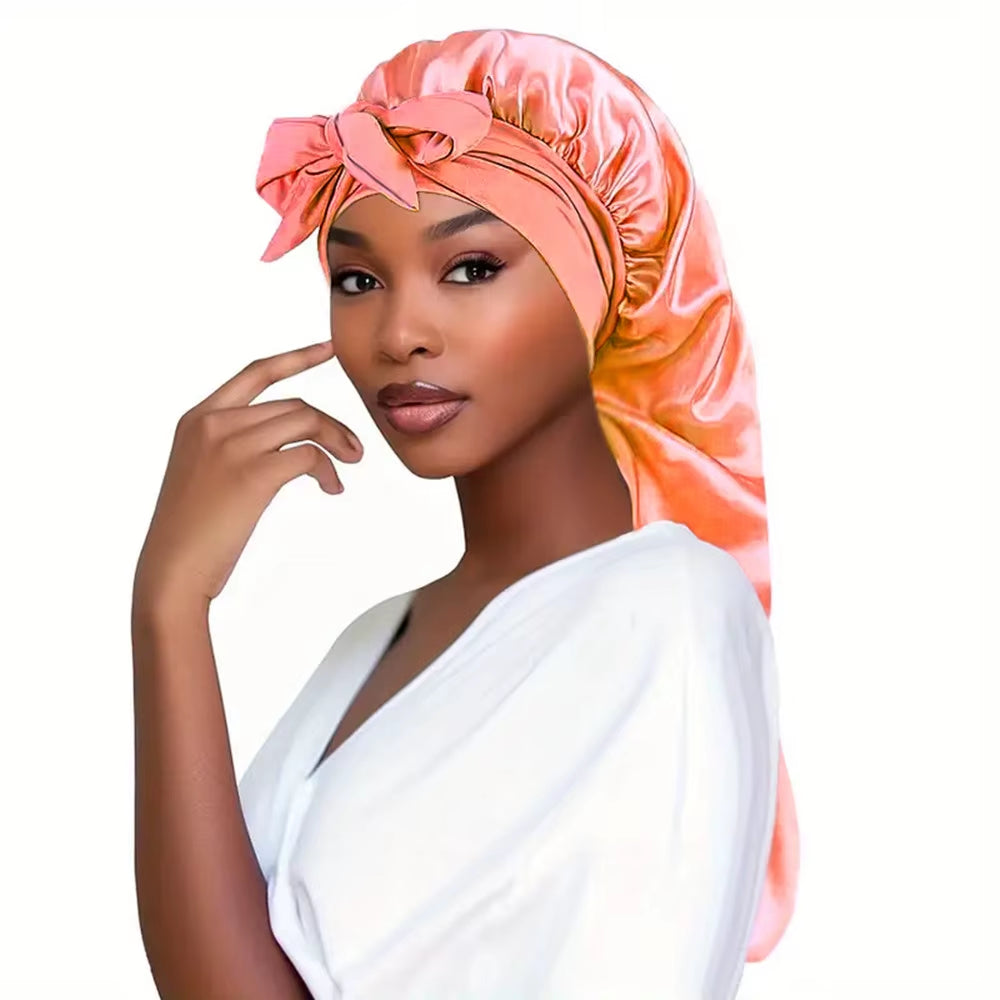 Bowknot Braid Bonnet, Unscented Satin Sleep Cap with Elastic Band and Long Tie for Women - Breathable Night Hair Bonnet