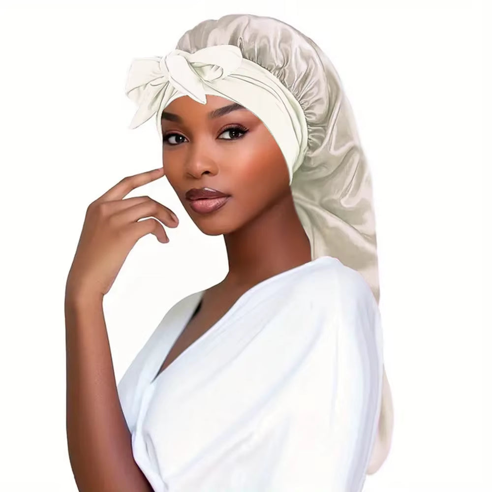 Bowknot Braid Bonnet, Unscented Satin Sleep Cap with Elastic Band and Long Tie for Women - Breathable Night Hair Bonnet