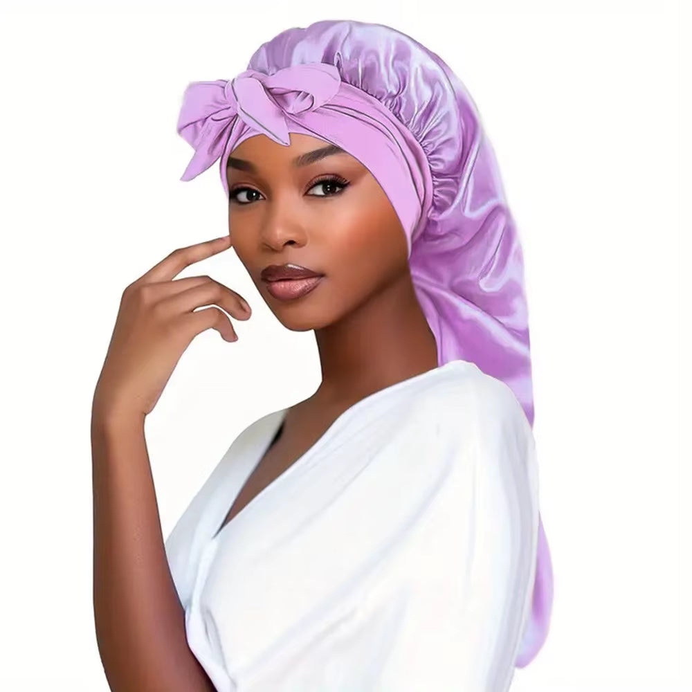 Bowknot Braid Bonnet, Unscented Satin Sleep Cap with Elastic Band and Long Tie for Women - Breathable Night Hair Bonnet