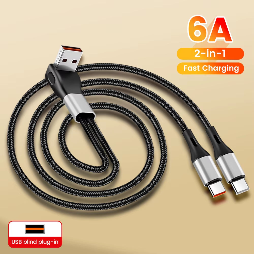 6A USB to Type C Fast Charge Cable 2-In-1 Mobile Phone Charging Cable Dual Type-C Fast Charge Cable for Iphone 15 16 Samsung