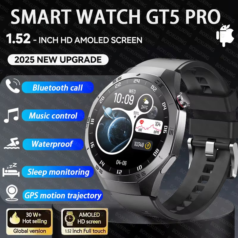 2025New GT6 Pro Smart Watch Men HD AMOLED Screen GPS Motion Trajectory Heartrate Bluetooth Call 1.52" Smartwatch IP68 Waterproof