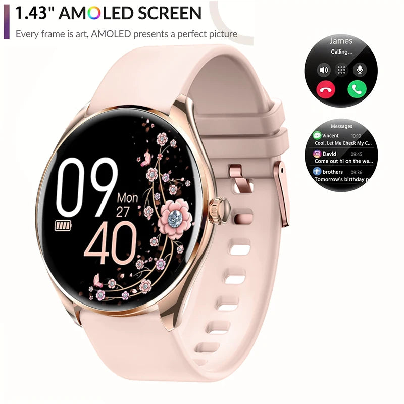 2025 New Utral Thin Women Smart Watch 1.43-Inch HD AMOLED Display Bluetooth Call Multi-Sport Tracker Music Player USB Charging