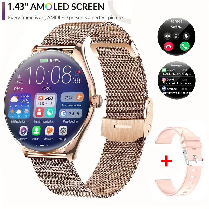 2025 New Utral Thin Women Smart Watch 1.43-Inch HD AMOLED Display Bluetooth Call Multi-Sport Tracker Music Player USB Charging