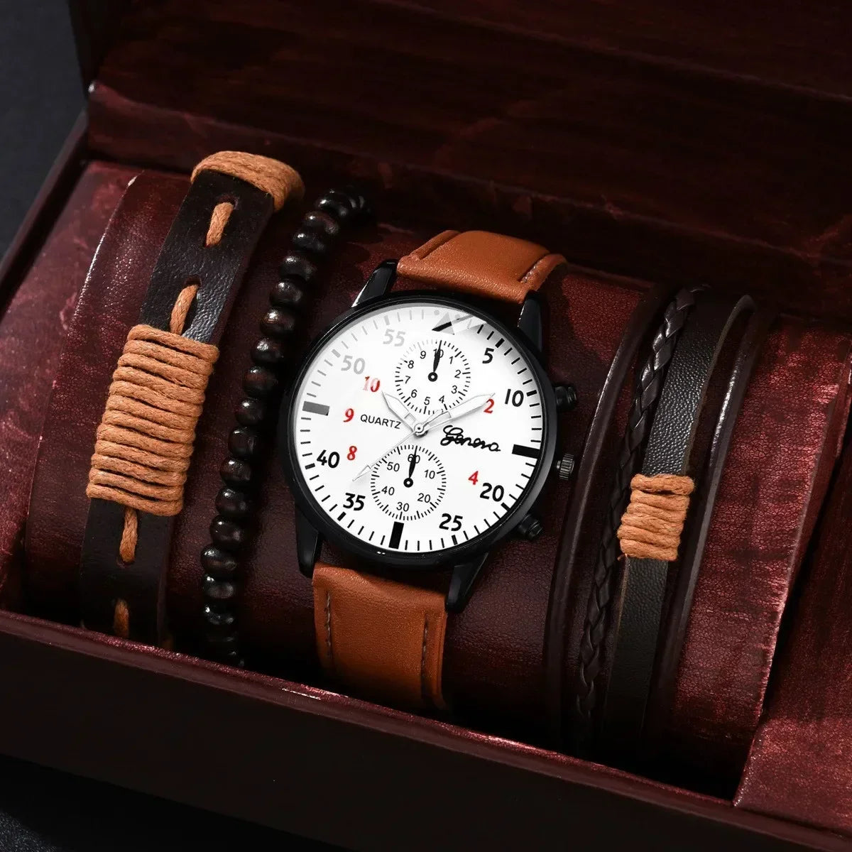 4/2/1Pcs Men Sports Watches Set Man Business Quartz Wristwatch Luxury Brown Leather Bracelet Men Casual Clock Watch（No Box）