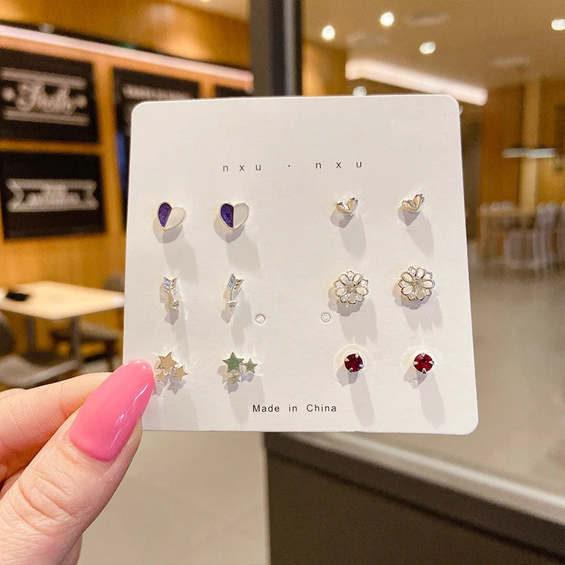 4 Pair Set Silver Color Heart Stud Earrings Sets for Women Girls Exquisite Party Dailywear Jewelry Simple Cute Gift Accessories