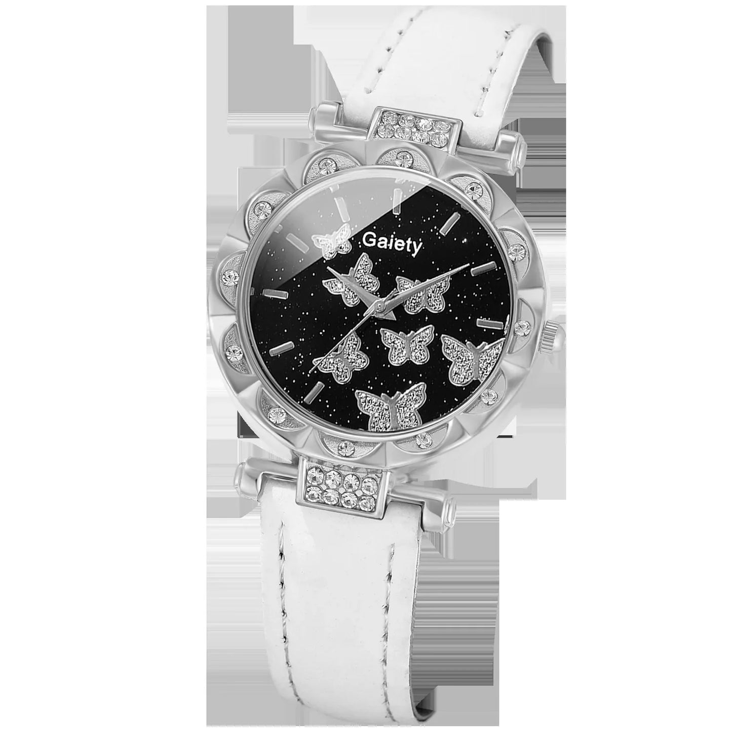 Women Watch Ring Necklace Earrings Bracelet Set Watches Butterfly Leather Strap Ladies Quartz Wristwatch (No Box)