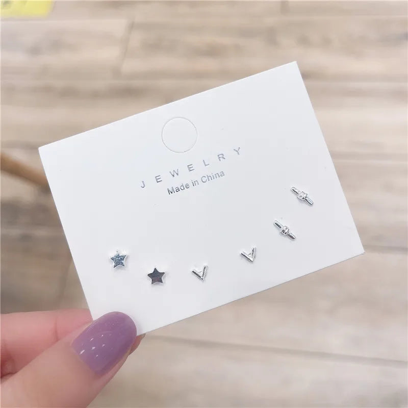 4 Pair Set Silver Color Heart Stud Earrings Sets for Women Girls Exquisite Party Dailywear Jewelry Simple Cute Gift Accessories