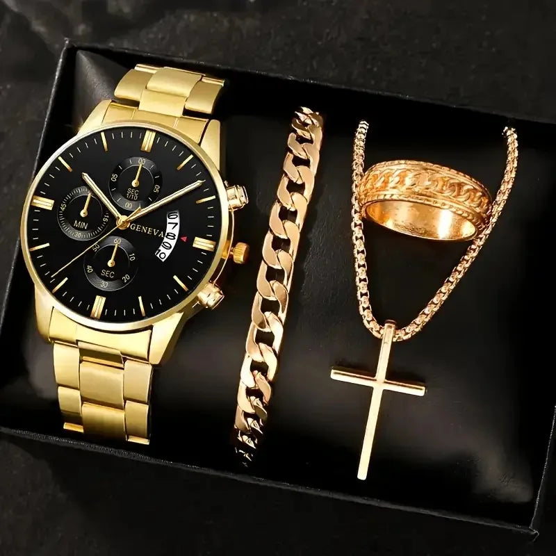 Luxury Men Business Quartz Watches 4Pcs Set Gold Alloy Roman with Calendar Wrist Watch Cross Necklace Bracelet Ring Set Men Gift