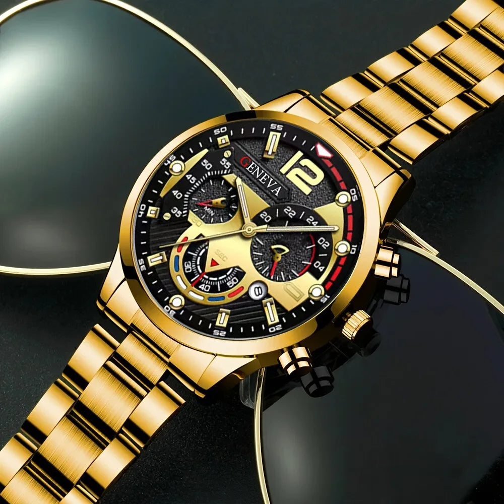 Luxury Men Business Quartz Watches 4Pcs Set Gold Alloy Roman with Calendar Wrist Watch Cross Necklace Bracelet Ring Set Men Gift