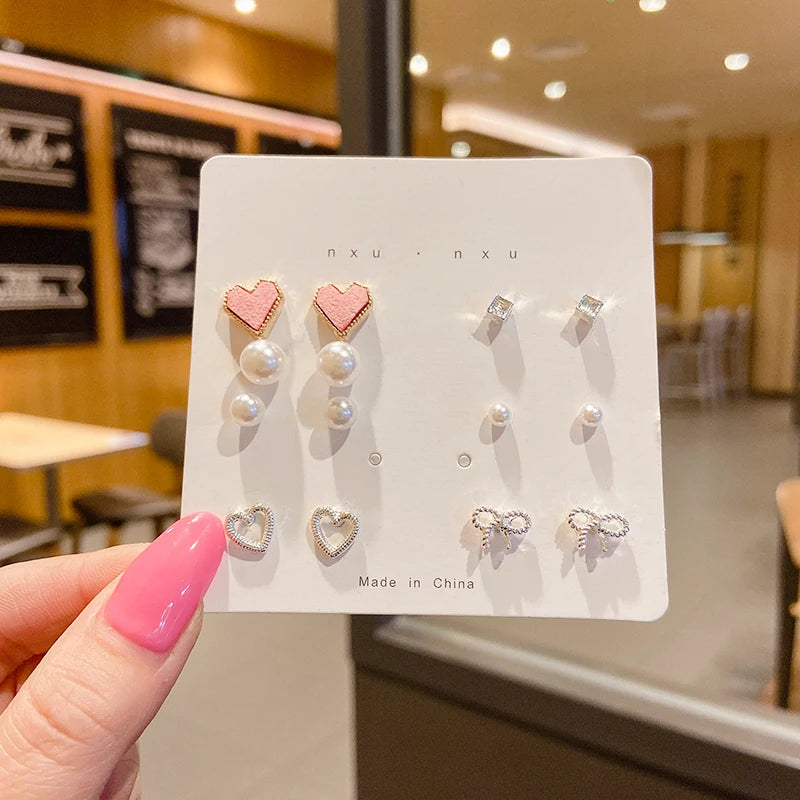 4 Pair Set Silver Color Heart Stud Earrings Sets for Women Girls Exquisite Party Dailywear Jewelry Simple Cute Gift Accessories