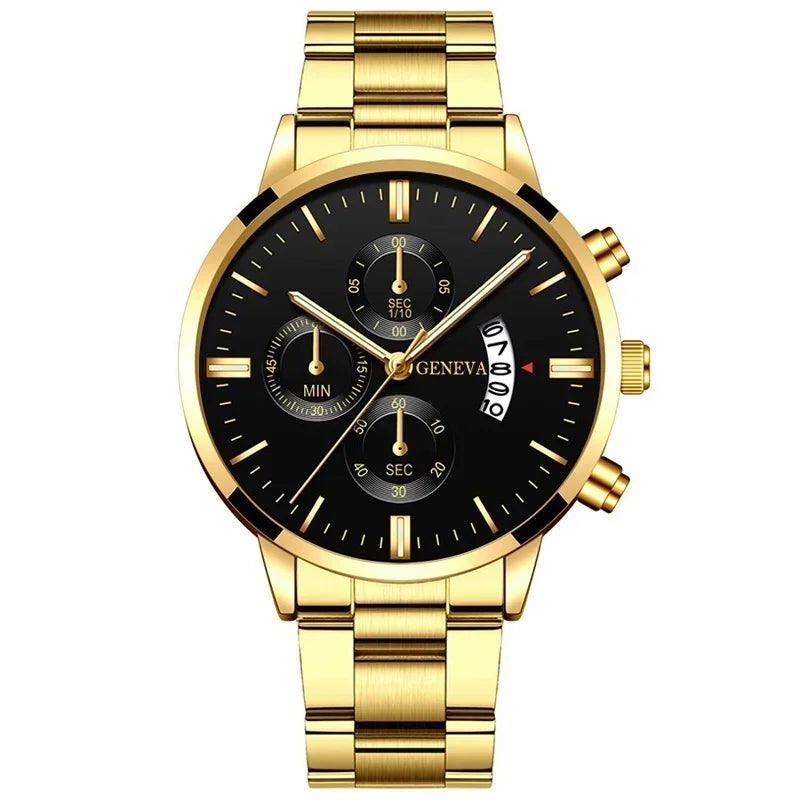 Luxury Men Business Quartz Watches 4Pcs Set Gold Alloy Roman with Calendar Wrist Watch Cross Necklace Bracelet Ring Set Men Gift