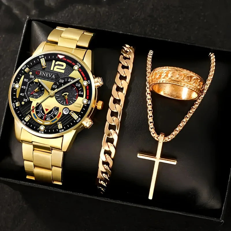 Luxury Men Business Quartz Watches 4Pcs Set Gold Alloy Roman with Calendar Wrist Watch Cross Necklace Bracelet Ring Set Men Gift
