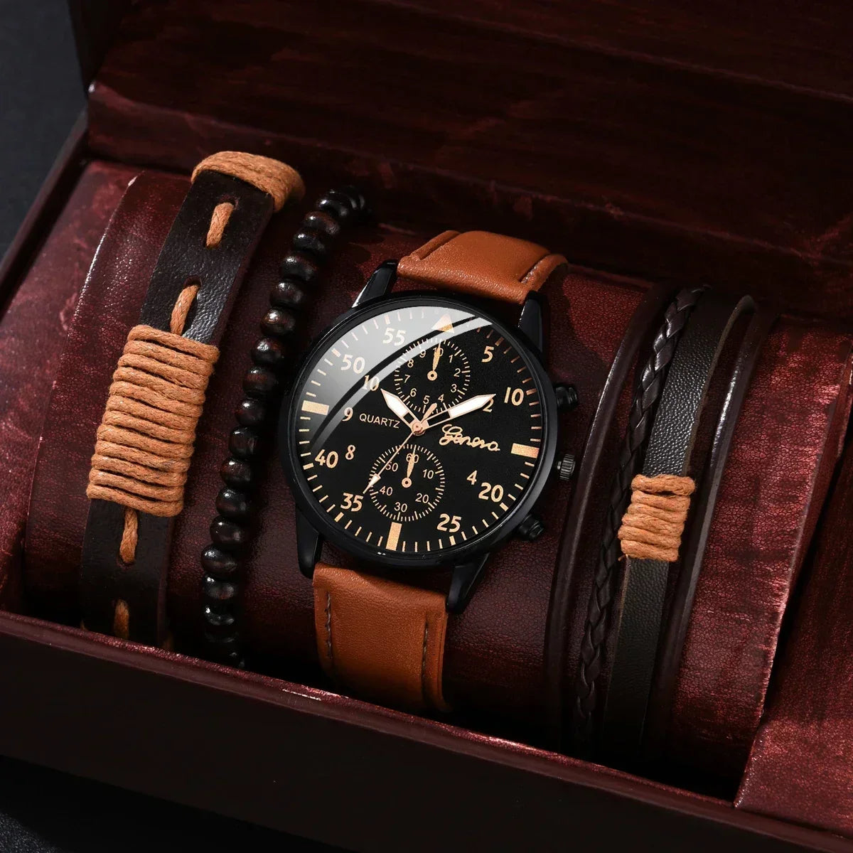 4/2/1Pcs Men Sports Watches Set Man Business Quartz Wristwatch Luxury Brown Leather Bracelet Men Casual Clock Watch（No Box）