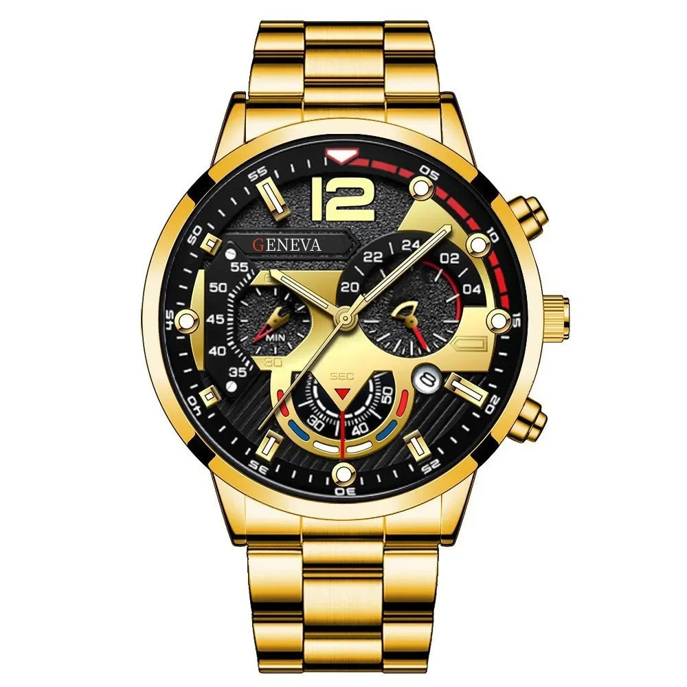 Luxury Men Business Quartz Watches 4Pcs Set Gold Alloy Roman with Calendar Wrist Watch Cross Necklace Bracelet Ring Set Men Gift