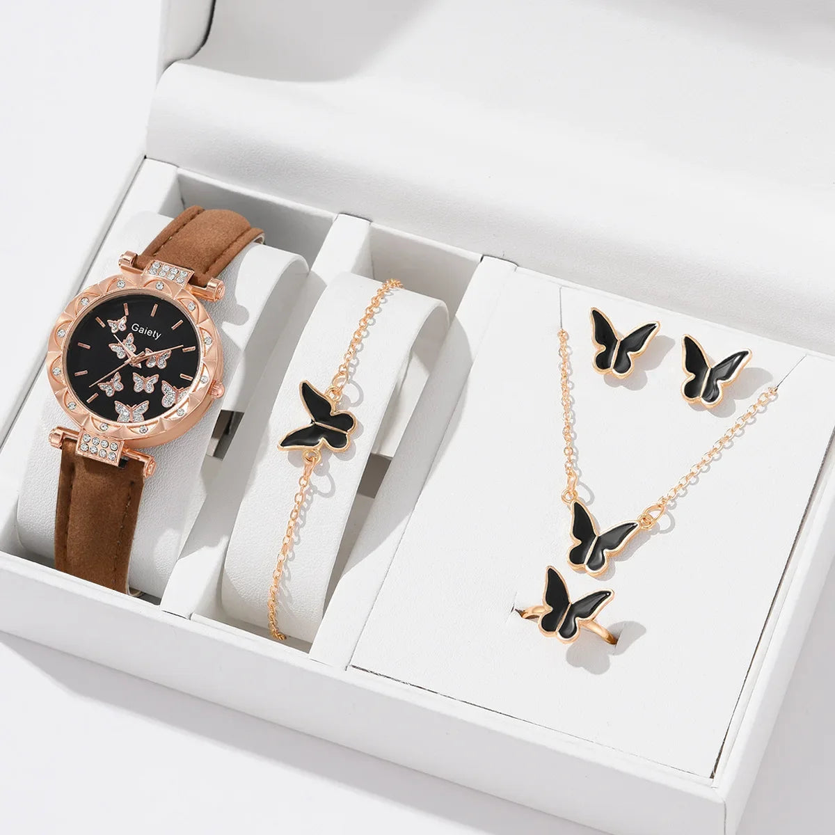 Women Watch Ring Necklace Earrings Bracelet Set Watches Butterfly Leather Strap Ladies Quartz Wristwatch (No Box)