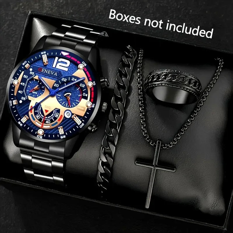 Luxury Men Business Quartz Watches 4Pcs Set Gold Alloy Roman with Calendar Wrist Watch Cross Necklace Bracelet Ring Set Men Gift