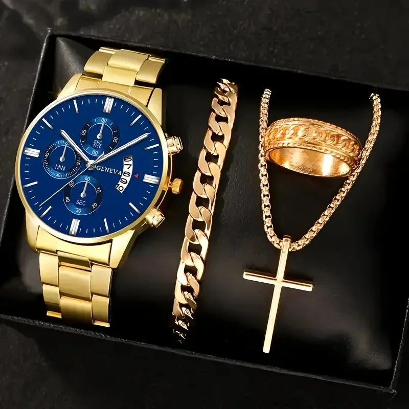 Luxury Men Business Quartz Watches 4Pcs Set Gold Alloy Roman with Calendar Wrist Watch Cross Necklace Bracelet Ring Set Men Gift