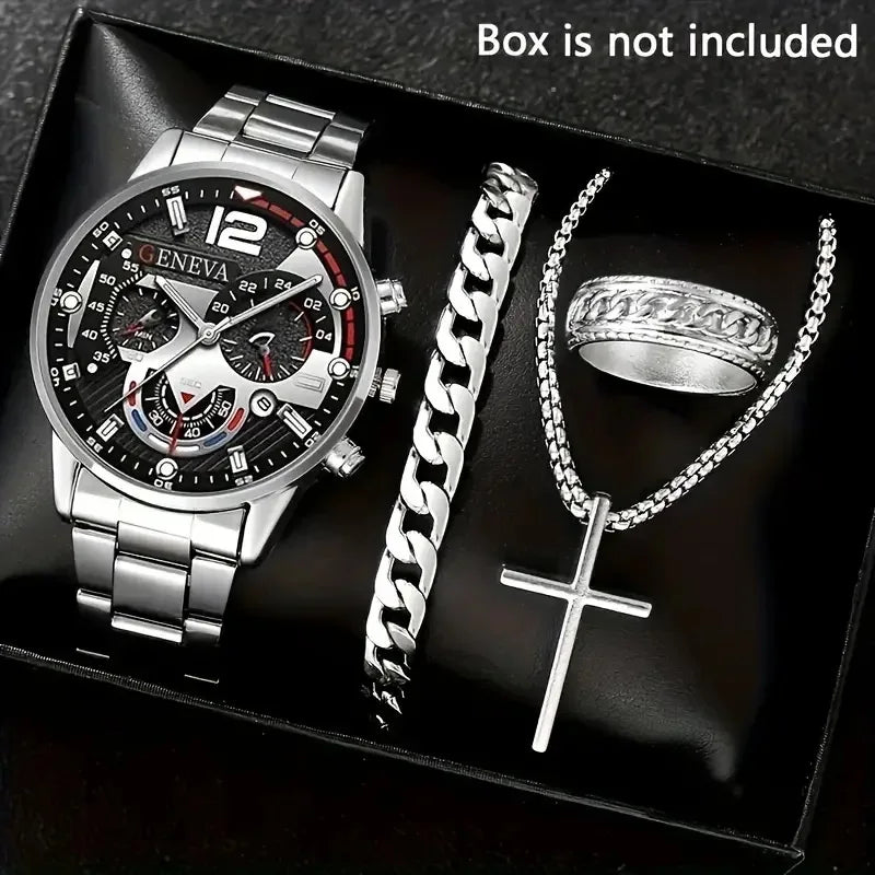 Luxury Men Business Quartz Watches 4Pcs Set Gold Alloy Roman with Calendar Wrist Watch Cross Necklace Bracelet Ring Set Men Gift
