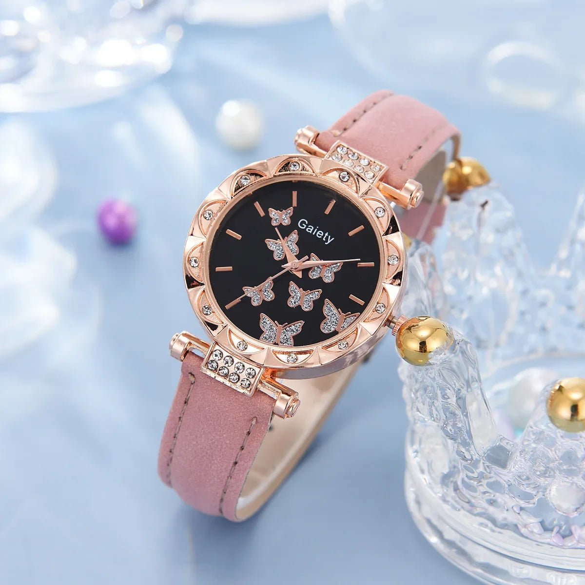 Women Watch Ring Necklace Earrings Bracelet Set Watches Butterfly Leather Strap Ladies Quartz Wristwatch (No Box)
