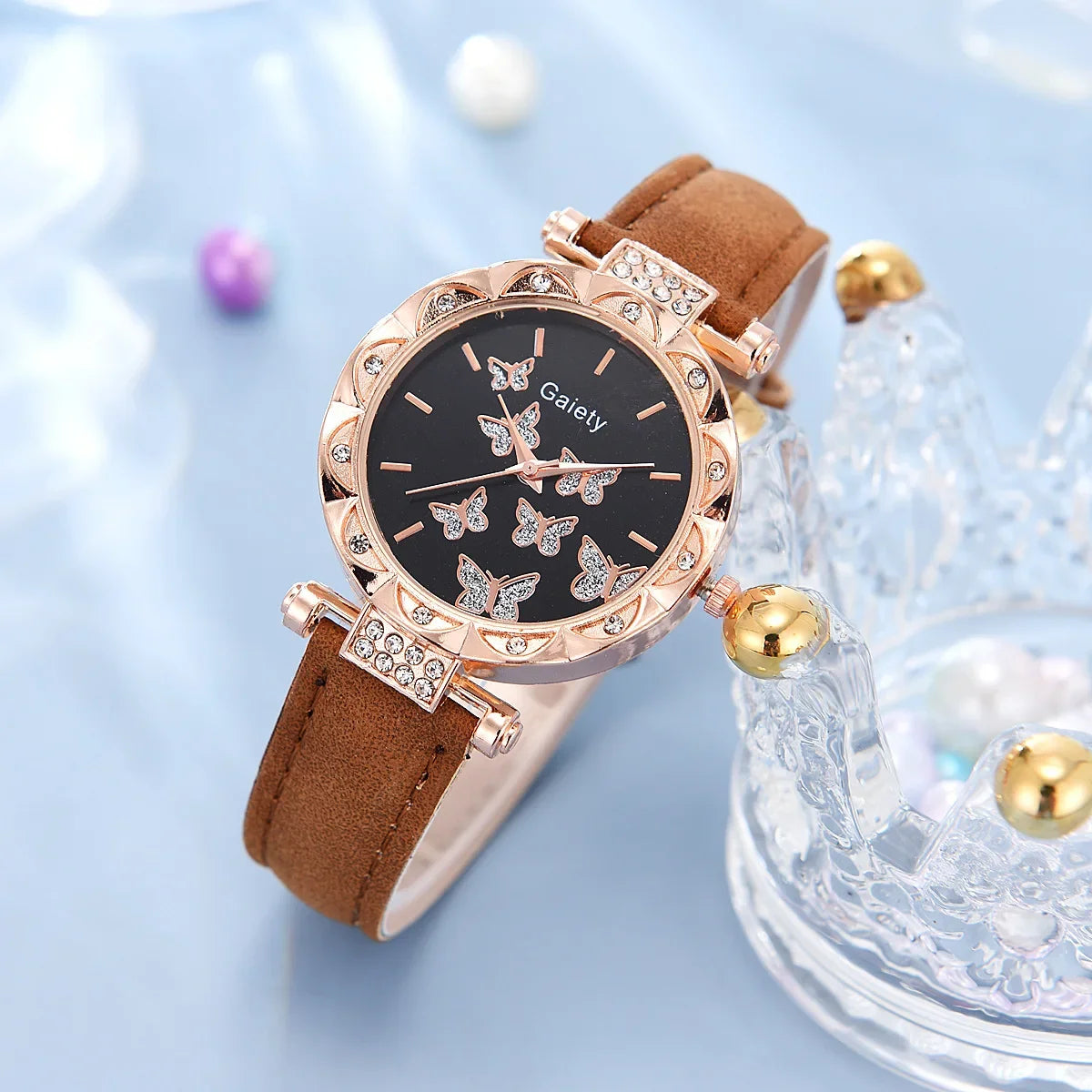 Women Watch Ring Necklace Earrings Bracelet Set Watches Butterfly Leather Strap Ladies Quartz Wristwatch (No Box)
