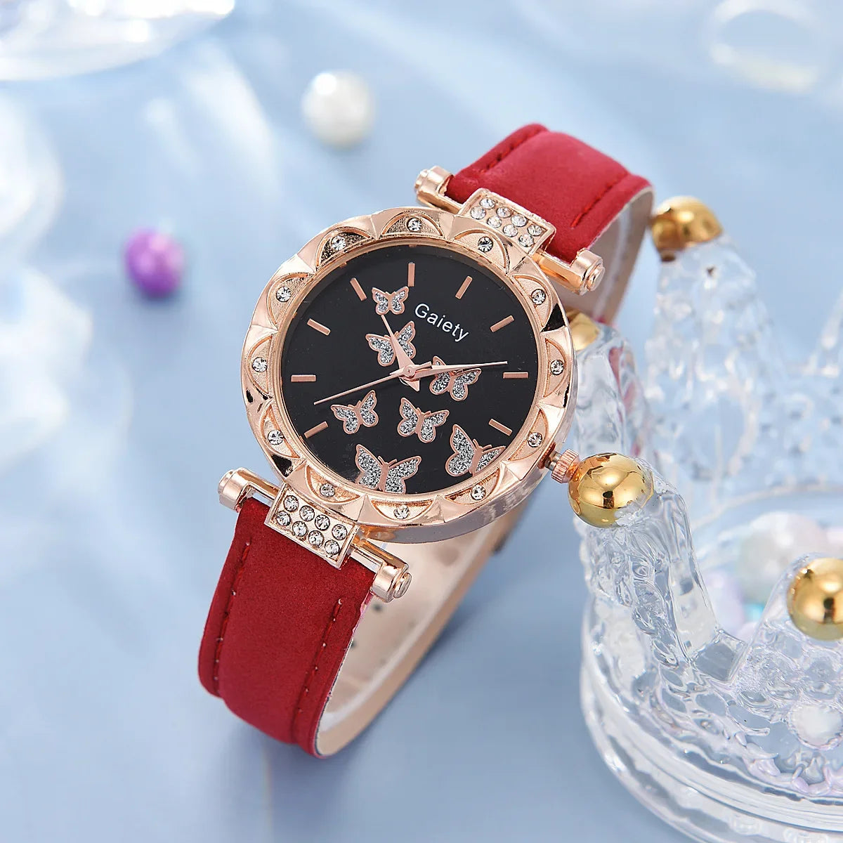Women Watch Ring Necklace Earrings Bracelet Set Watches Butterfly Leather Strap Ladies Quartz Wristwatch (No Box)