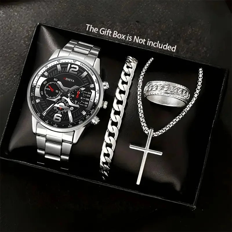 Luxury Men Business Quartz Watches 4Pcs Set Gold Alloy Roman with Calendar Wrist Watch Cross Necklace Bracelet Ring Set Men Gift