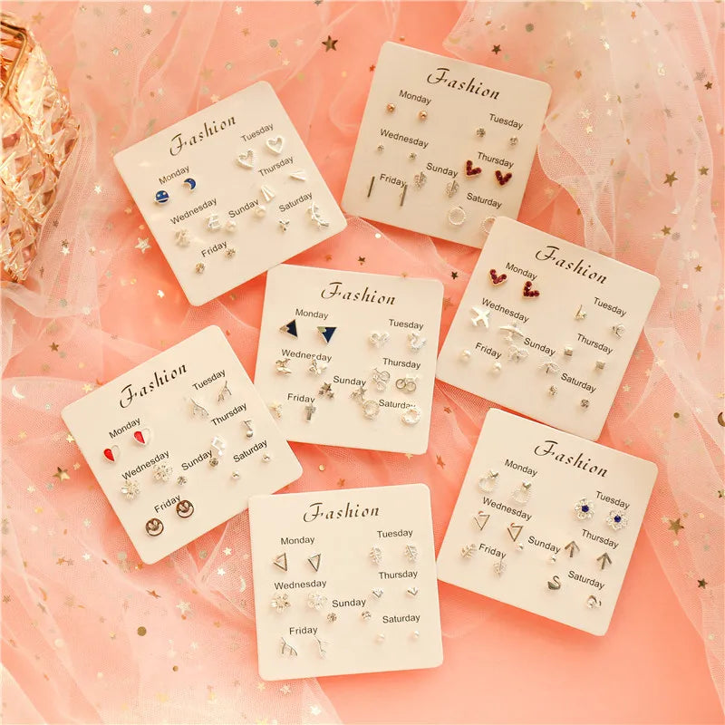 4 Pair Set Silver Color Heart Stud Earrings Sets for Women Girls Exquisite Party Dailywear Jewelry Simple Cute Gift Accessories