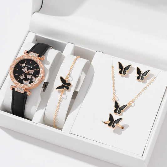 Women Watch Ring Necklace Earrings Bracelet Set Watches Butterfly Leather Strap Ladies Quartz Wristwatch (No Box)