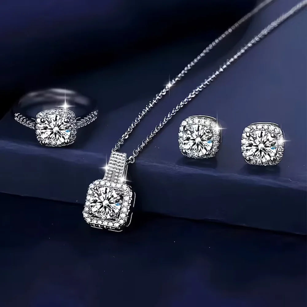 3Pcs Set Luxury Brand Shiny Geometric Square Zircon Necklace Earring Rings for Women Charm Fashion Jewelry Set Anniversary Gift
