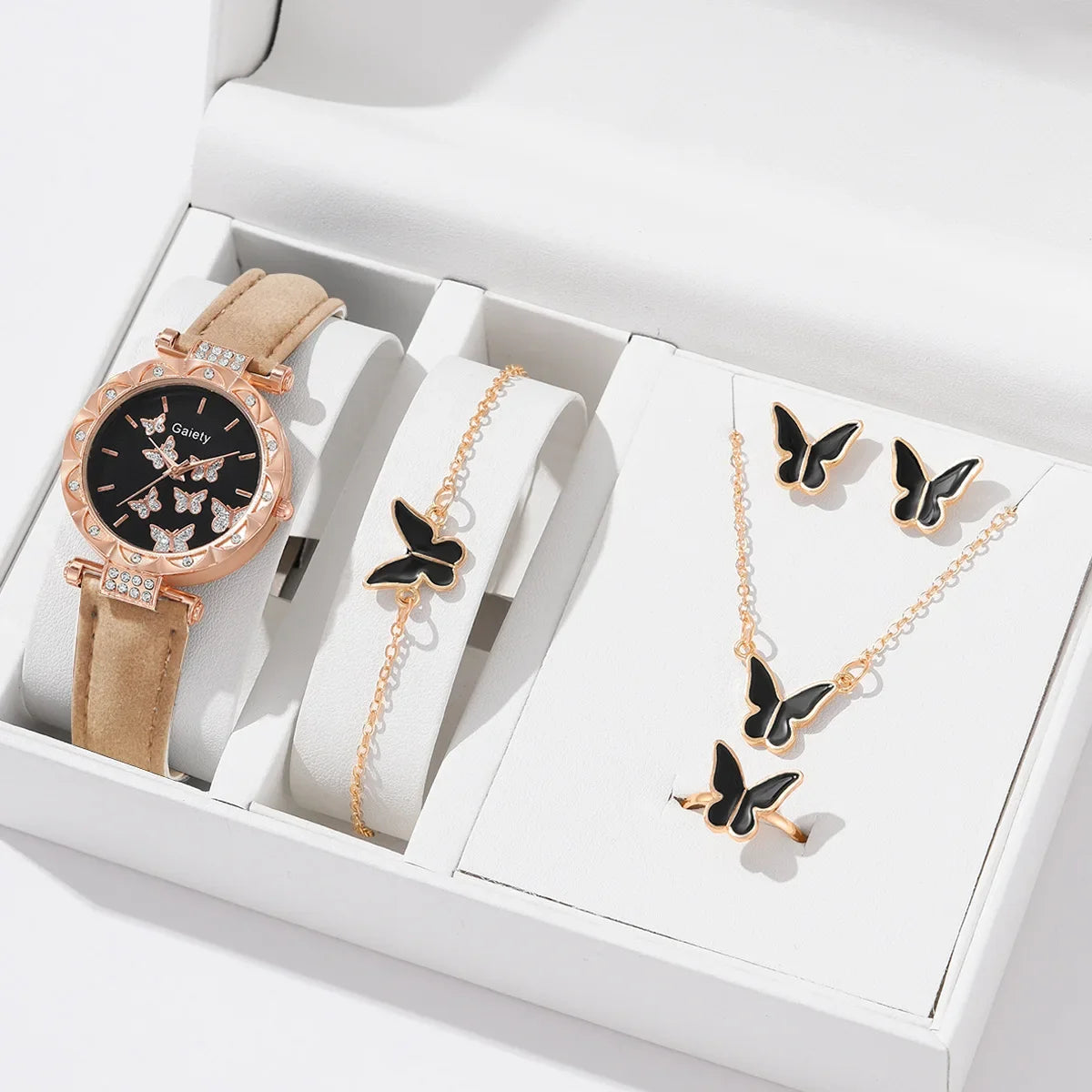 Women Watch Ring Necklace Earrings Bracelet Set Watches Butterfly Leather Strap Ladies Quartz Wristwatch (No Box)