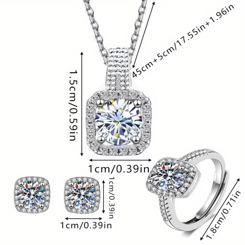 3Pcs Set Luxury Brand Shiny Geometric Square Zircon Necklace Earring Rings for Women Charm Fashion Jewelry Set Anniversary Gift