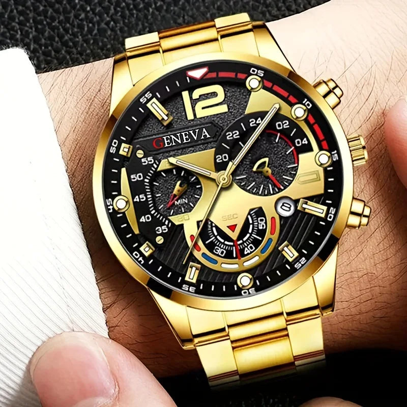 Luxury Men Business Quartz Watches 4Pcs Set Gold Alloy Roman with Calendar Wrist Watch Cross Necklace Bracelet Ring Set Men Gift