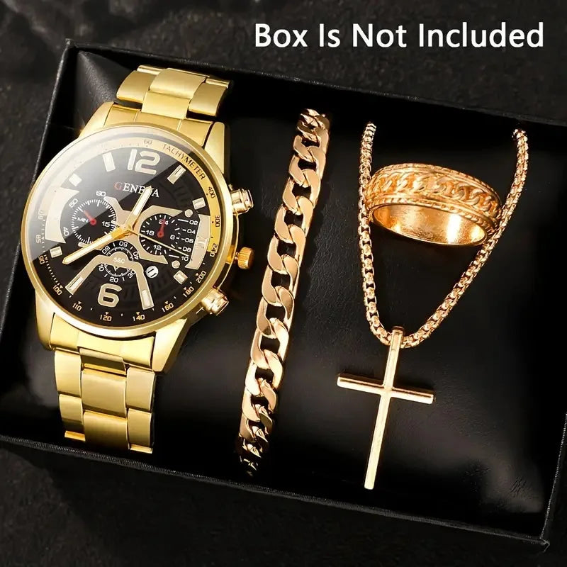 Luxury Men Business Quartz Watches 4Pcs Set Gold Alloy Roman with Calendar Wrist Watch Cross Necklace Bracelet Ring Set Men Gift
