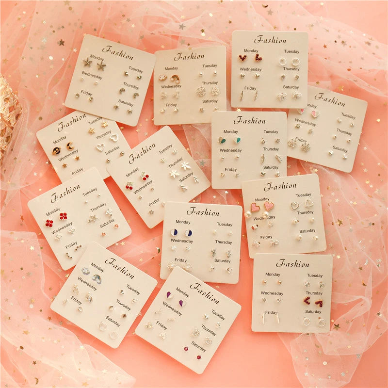 4 Pair Set Silver Color Heart Stud Earrings Sets for Women Girls Exquisite Party Dailywear Jewelry Simple Cute Gift Accessories