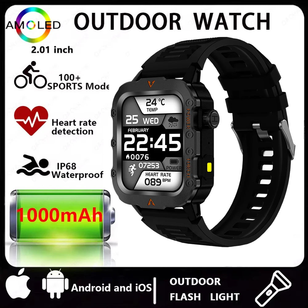 Men Smart Watch Bluetooth Call Sleep Heart Rate Health Monitor Outdoor LED Flashlight Waterproof Sports Watche for Android IOS