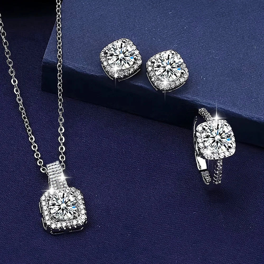 3Pcs Set Luxury Brand Shiny Geometric Square Zircon Necklace Earring Rings for Women Charm Fashion Jewelry Set Anniversary Gift