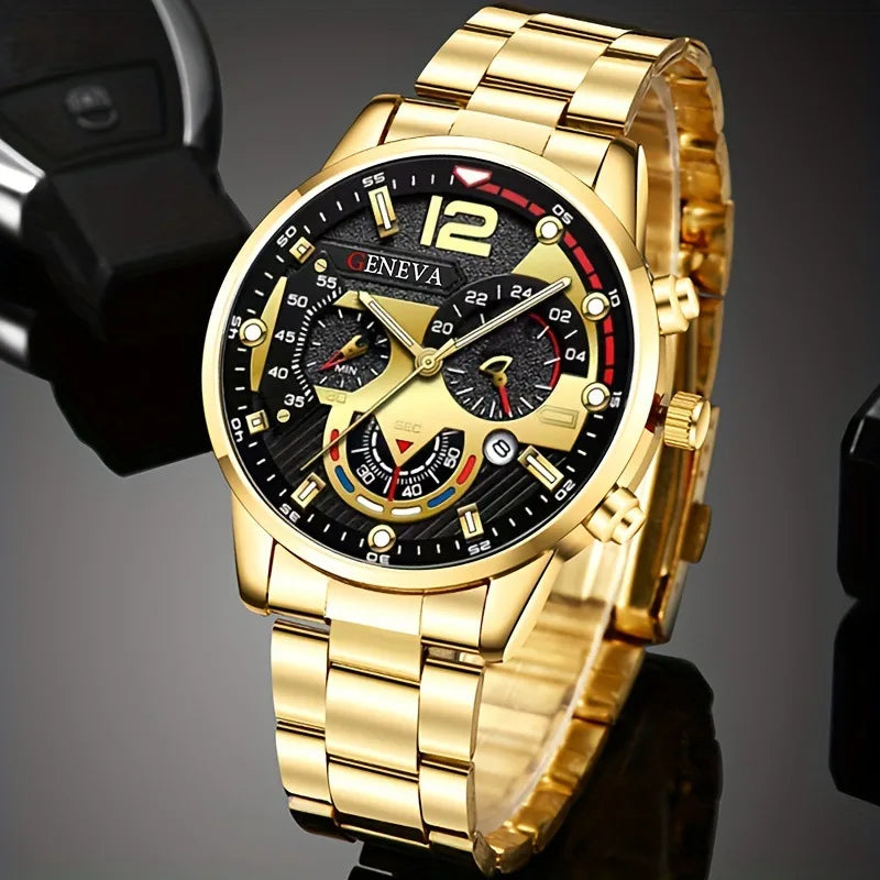 Luxury Men Business Quartz Watches 4Pcs Set Gold Alloy Roman with Calendar Wrist Watch Cross Necklace Bracelet Ring Set Men Gift