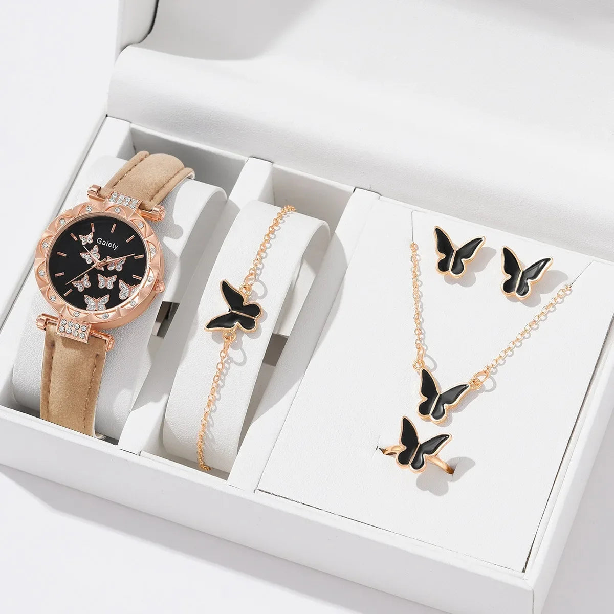 Women Watch Ring Necklace Earrings Bracelet Set Watches Butterfly Leather Strap Ladies Quartz Wristwatch (No Box)