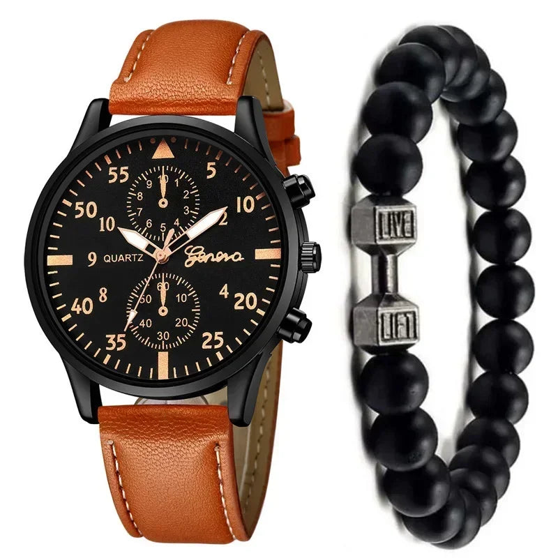 4/2/1Pcs Men Sports Watches Set Man Business Quartz Wristwatch Luxury Brown Leather Bracelet Men Casual Clock Watch（No Box）