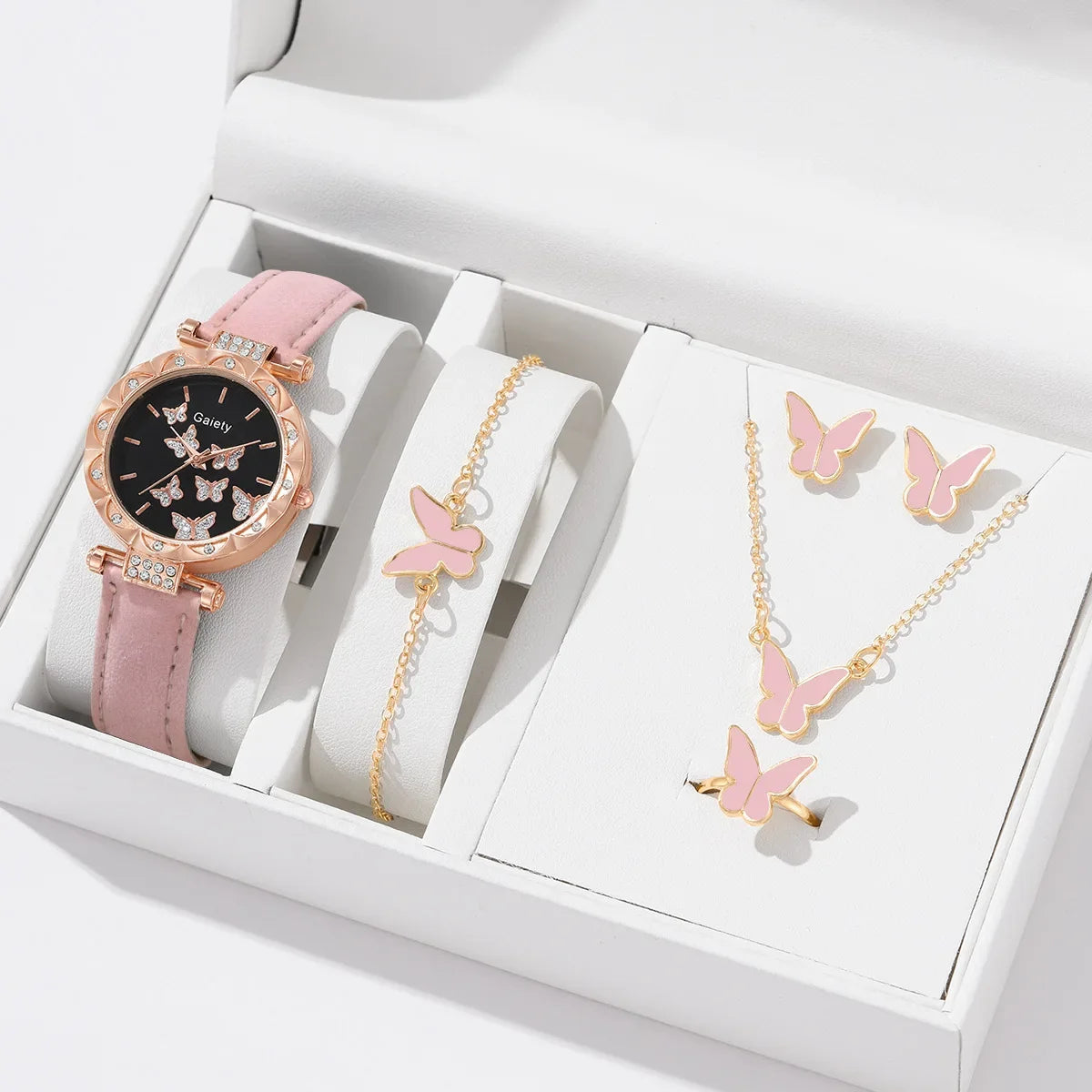 Women Watch Ring Necklace Earrings Bracelet Set Watches Butterfly Leather Strap Ladies Quartz Wristwatch (No Box)