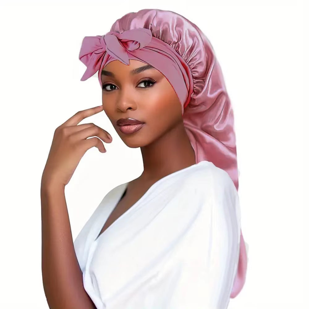 Bowknot Braid Bonnet, Unscented Satin Sleep Cap with Elastic Band and Long Tie for Women - Breathable Night Hair Bonnet