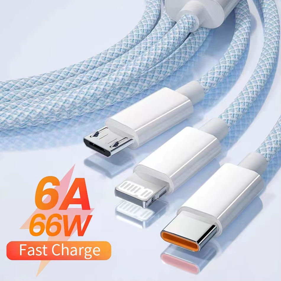 1.2M/2M/3M 66W 3 in 1 Fast Charging Cable 2 in 1 USB Type C Cable 6A Data Fast Charger Cable for Huawei Xiaomi Samsung