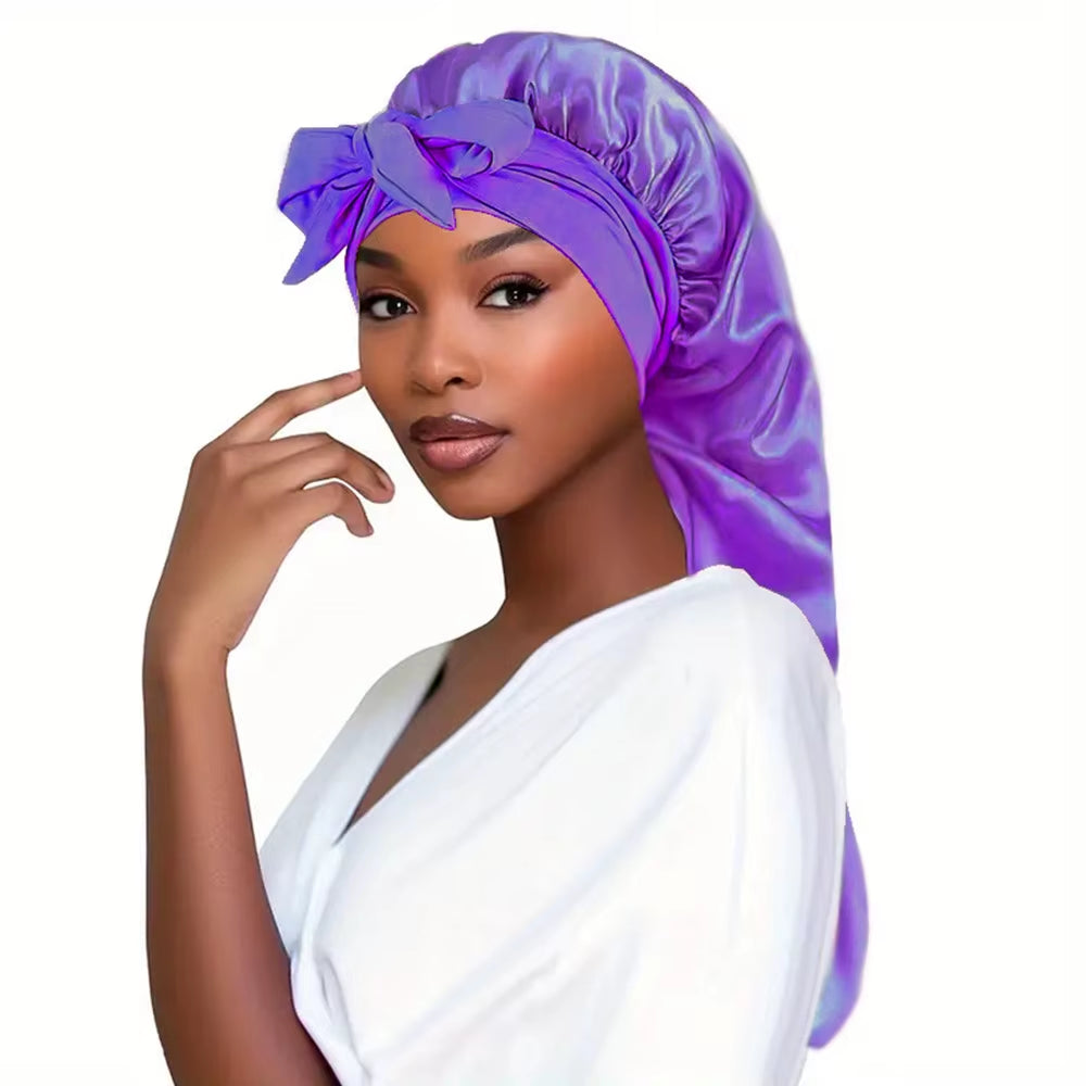 Bowknot Braid Bonnet, Unscented Satin Sleep Cap with Elastic Band and Long Tie for Women - Breathable Night Hair Bonnet