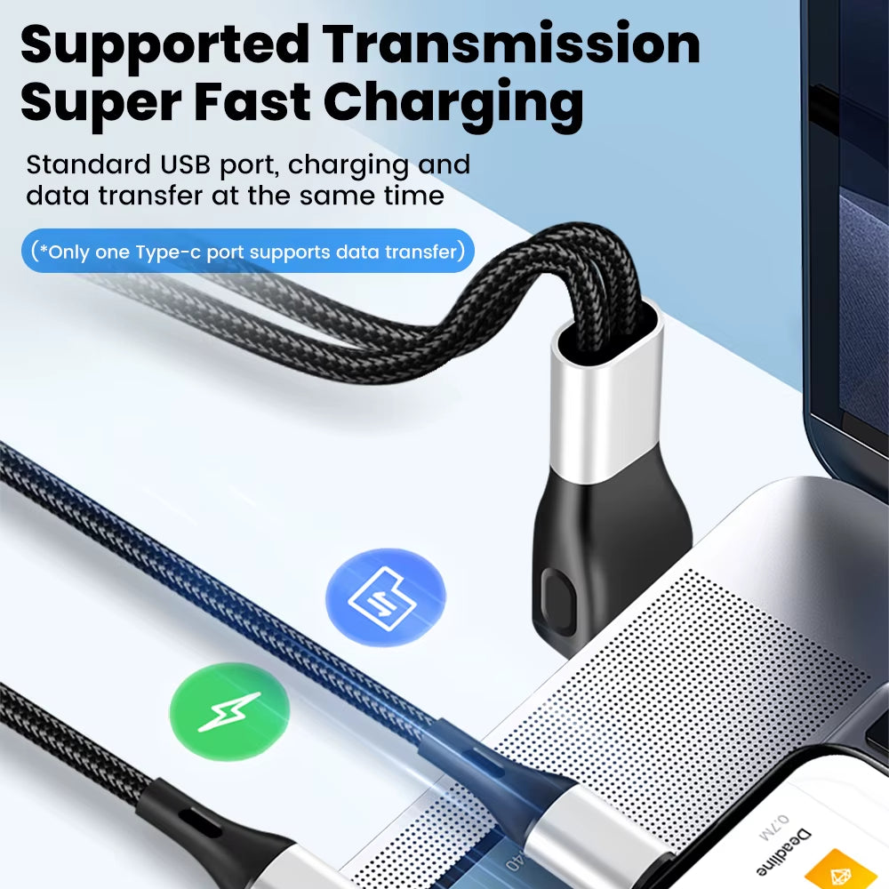 6A USB to Type C Fast Charge Cable 2-In-1 Mobile Phone Charging Cable Dual Type-C Fast Charge Cable for Iphone 15 16 Samsung